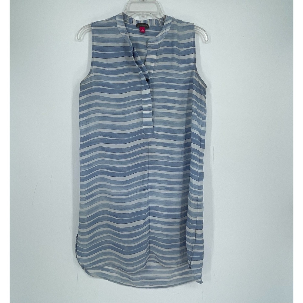 Vince Camuto Women's Blue Striped Sleeveless Split Neck Blouse Size Small